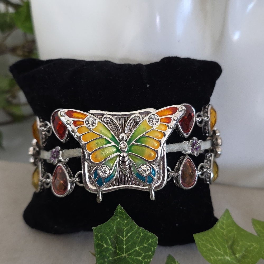 Silver Bohemian Enamel Butterfly and Flower Bracelet Magnetic Clasp